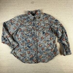 Dots Women 1X Floral Denim Button Up Pearl Snap Long Sl Shirt Y2K Cottagecore